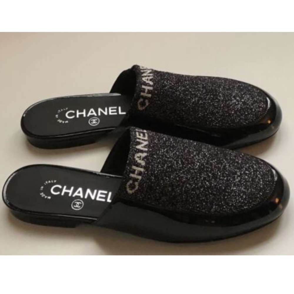 NIB Authentic CHANEL Logo Grey & Black Flats Mules Clogs Shoes 36